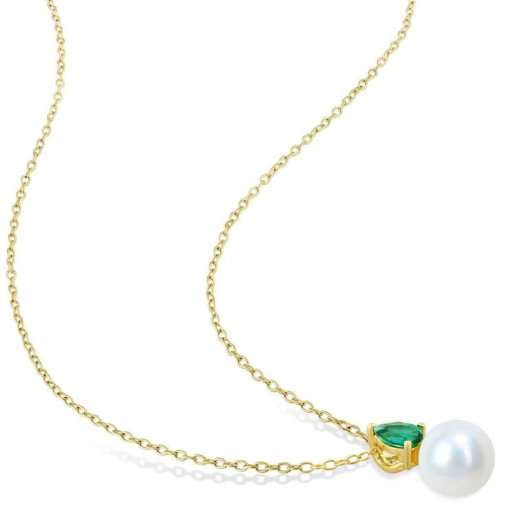 Gemstone Classics™ Freshwater Pearl & Created Emerald Pendant