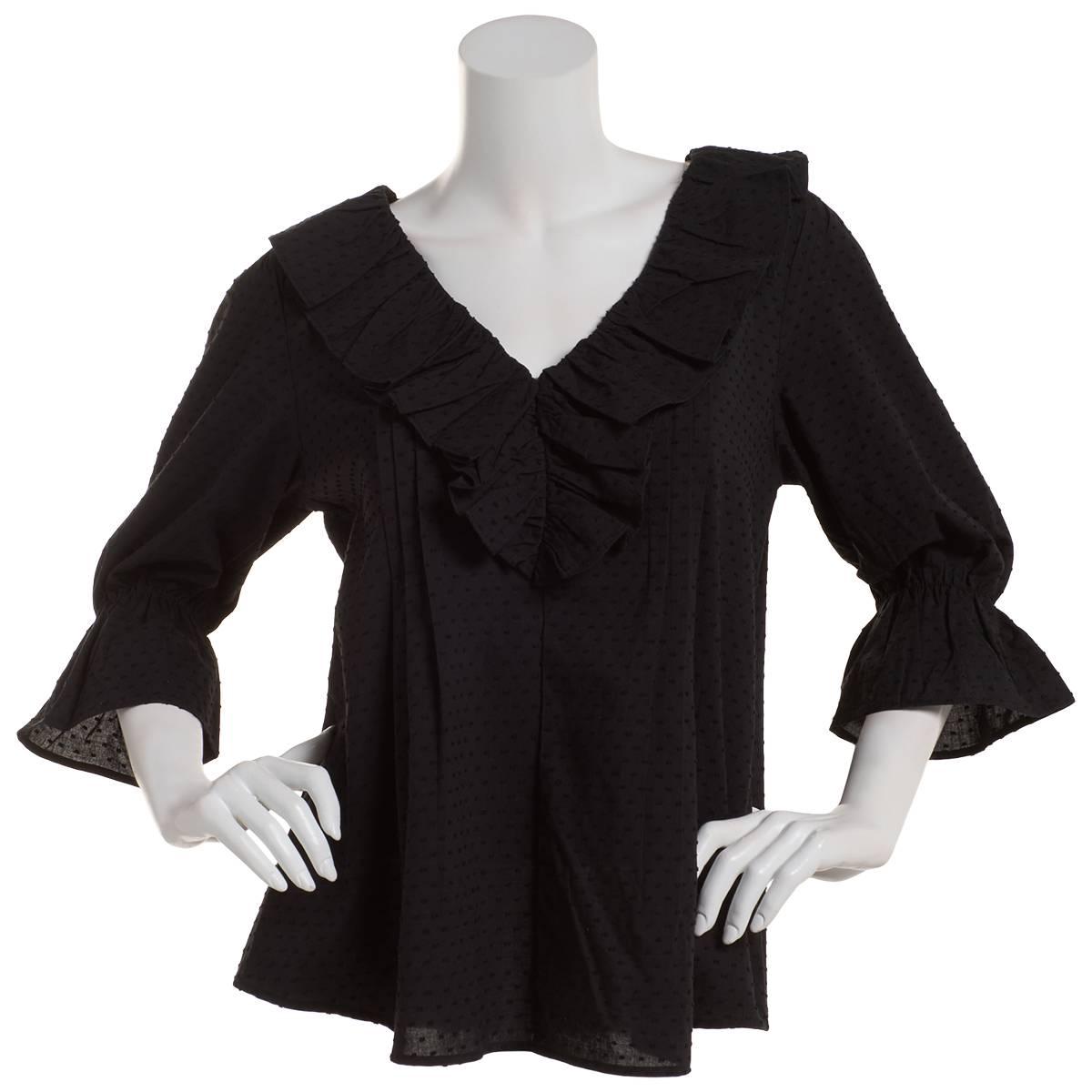 Womens Fair Hope 3/4 Sleeve Solid Ruffle Popover