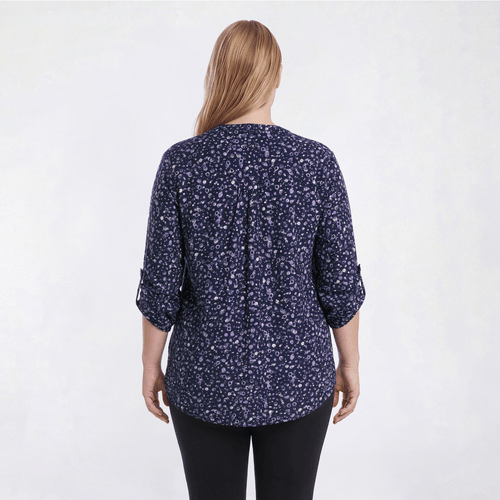 Plus Size Notations 3/4 Sleeve Pleated Dot Henley Blouse