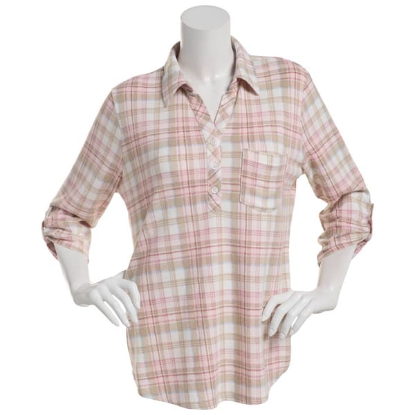Plus Size Emily Daniels 3/4 Sleeve Plaid Hacci Blouse- Pink/Cream