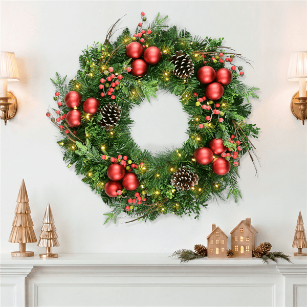 Puleo International 26in. Pre-Lit LED Ornament Adorned Wreath