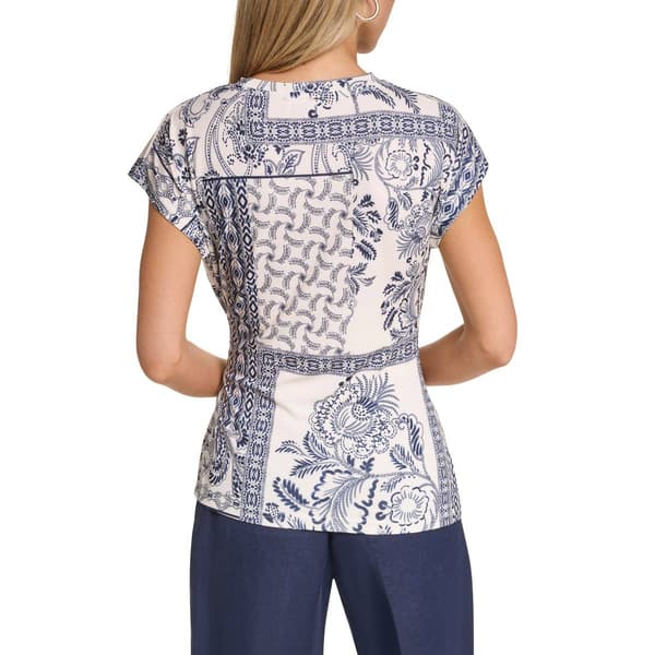 Womens Halston Cap Sleeve Tie Waist Floral Tile Blouse