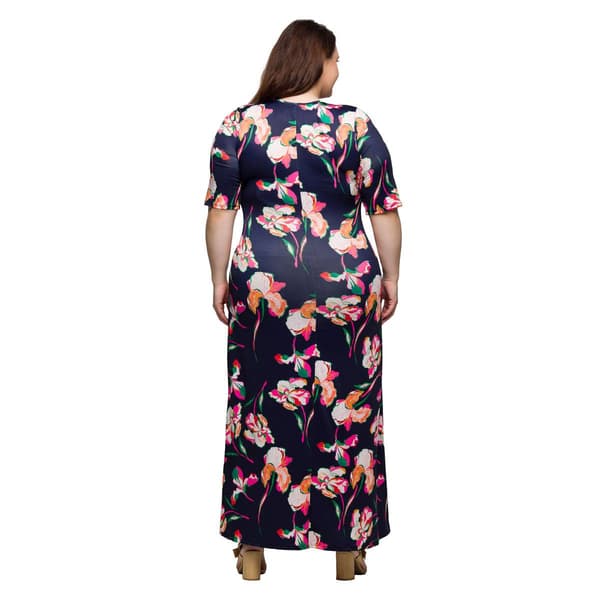 Plus Size 24/7 Comfort Apparel Navy Floral A-Line Maxi Dress
