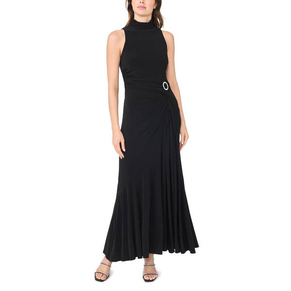 Womens MSK Sleevless Mock Neck Rhinestone Trim Side Drape Maxi
