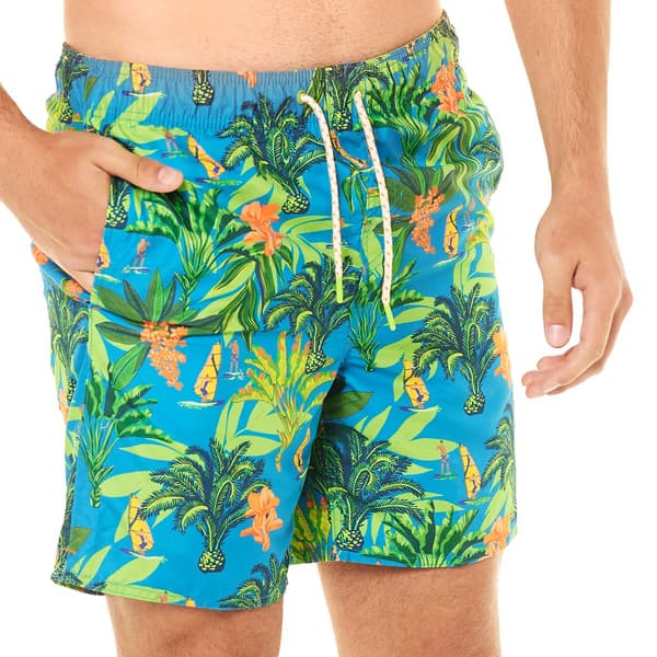 Mens Hawaiian Authentics Island Post Card Swim Trunks - Azure