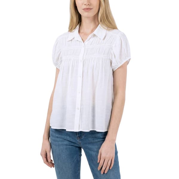 Petite NY Collection Short Sleeve Solid Smock Button Front Blouse - image 