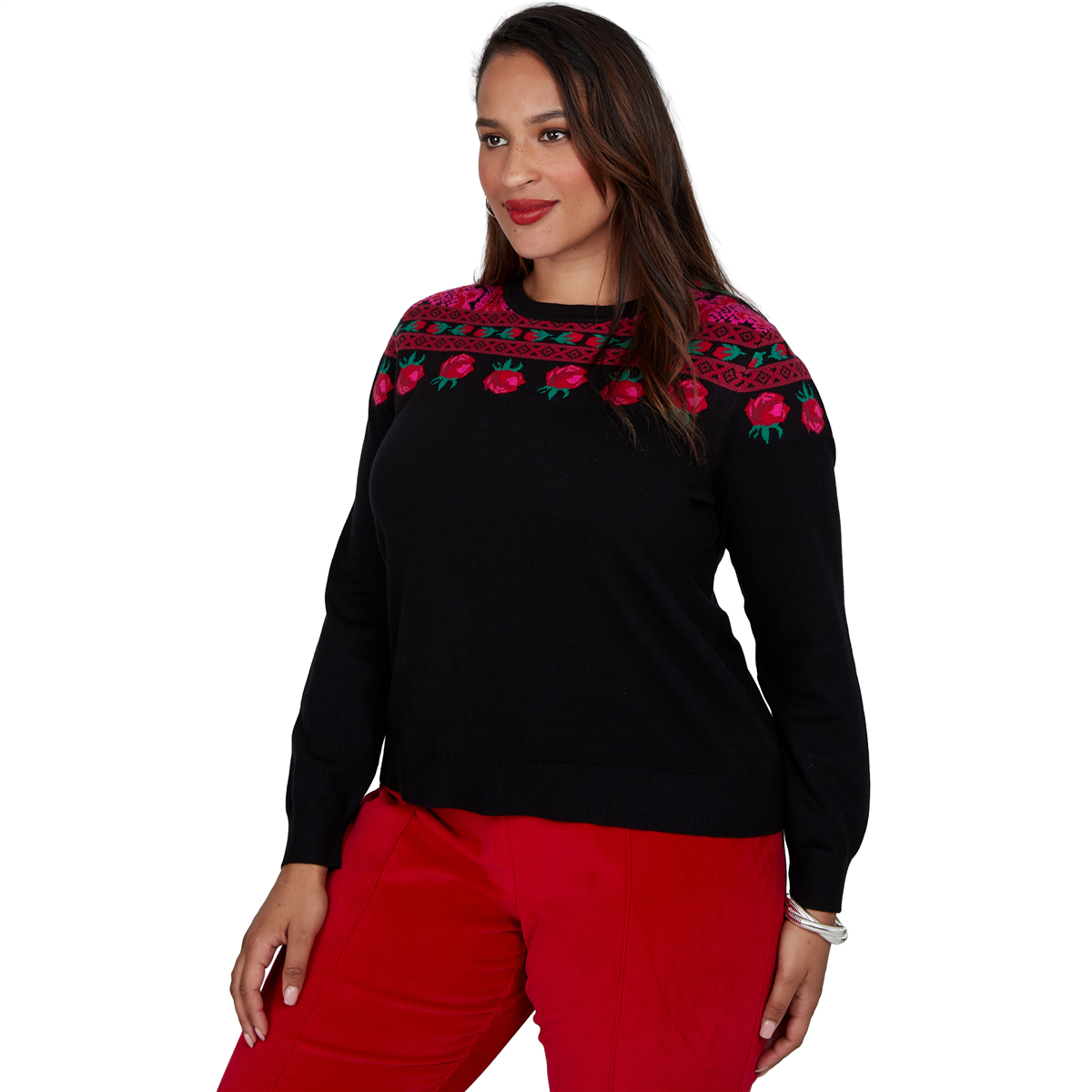 Plus Size Ruby Rd. Mysterious Romance Fair Isle Rose Sweater