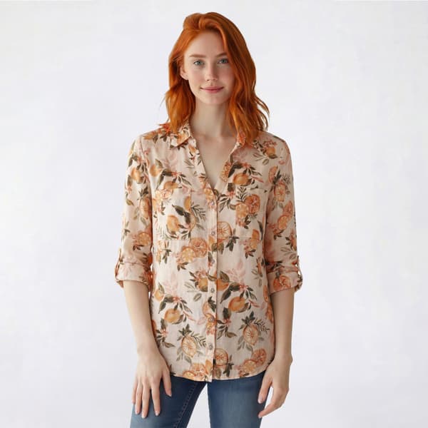 Juniors A.Byer Floral Fruit Linen Button Down - image 