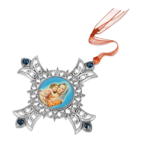 1928 Silver Tone Mother and Child Decal Cross Ornament - image 