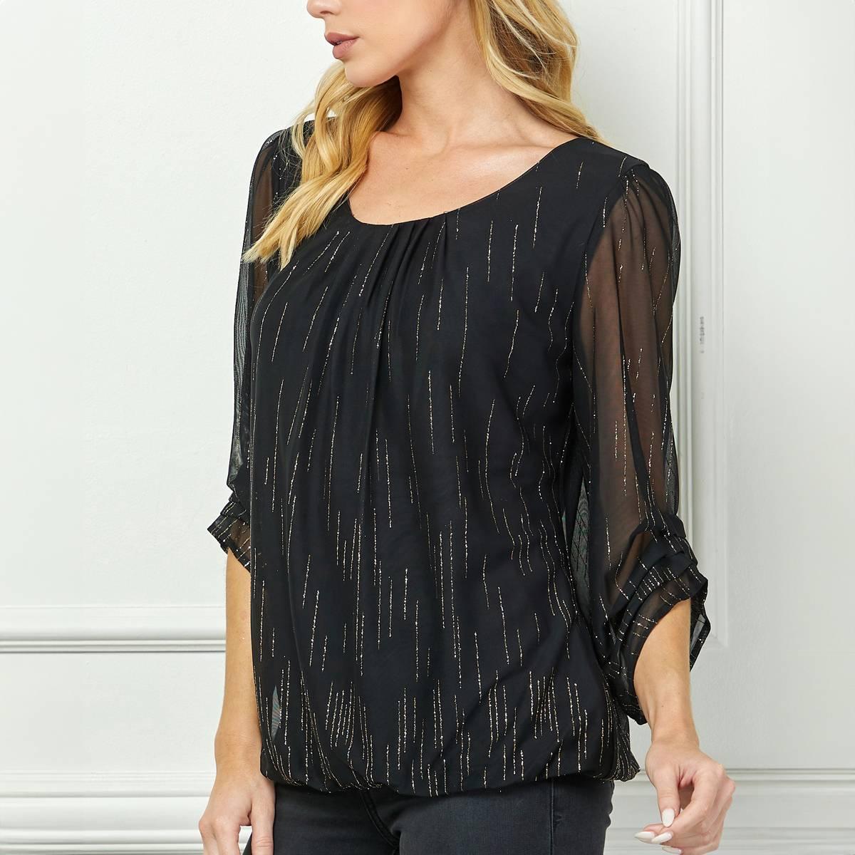 Womens Sara Michelle 3/4 Ruch Sleeve Rain Glitter Blouse
