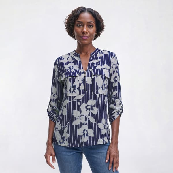 Womens Como Blu Roll Tab Sleeve 2 Pocket Split Neck Henley Blouse - image 