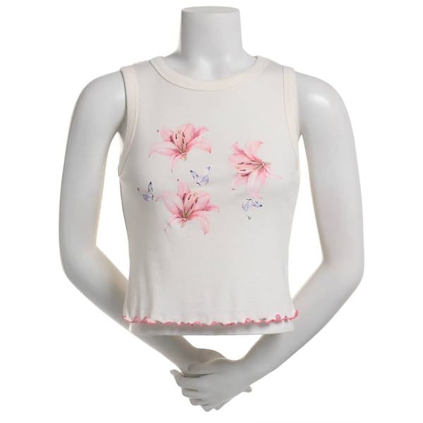 Juniors No Comment Rib Lettuce Hem Lily Graphic Tank Top - image 