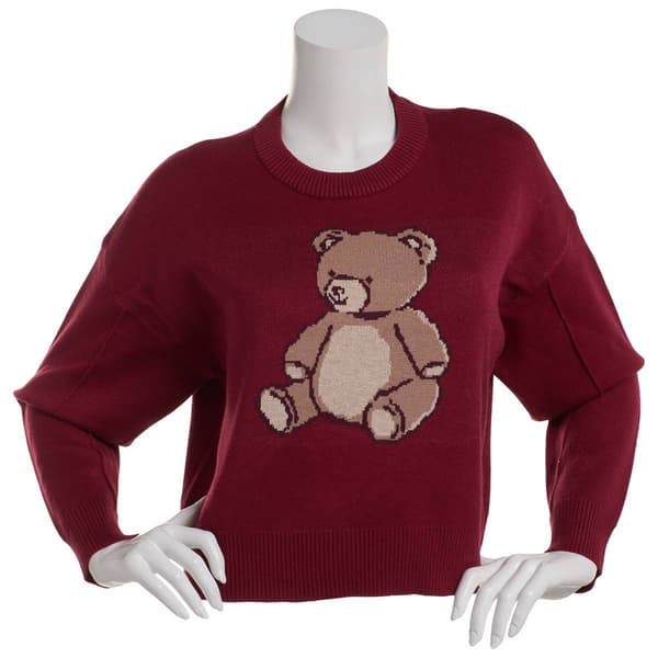 Junior Pink Rose Jacquard Bear Slouchy Sweater