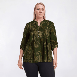 Plus Size Notations 3/4 Sleeve Paisley Pleated Henley Blouse
