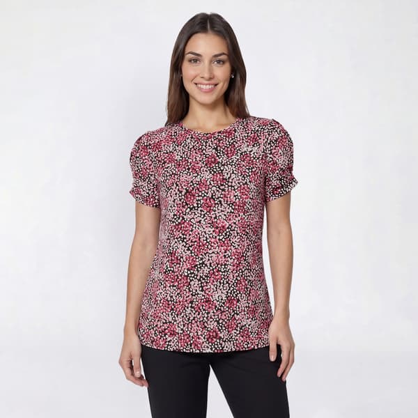 Petite Anne Klein Short Pleat Sleeve Colorful Abstract Dot Blouse - image 