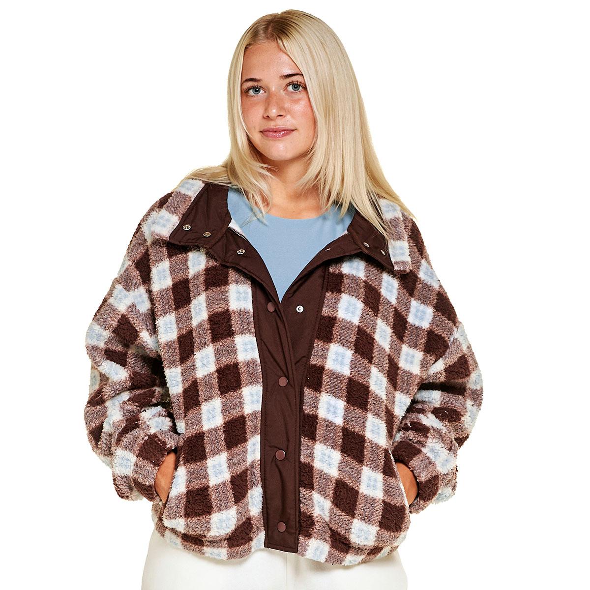 Juniors Pink Rose Sherpa Snap Front Mock Neck Jacket- Brown