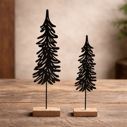Melrose Cut-Out Metal Pine Tree with Wood Base - Set of 2