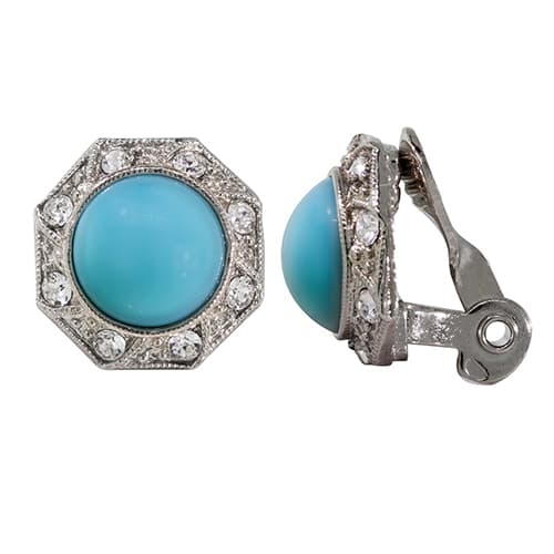 1928 Silver Tone Turquoise Color Crystal Clip On Earrings - image 
