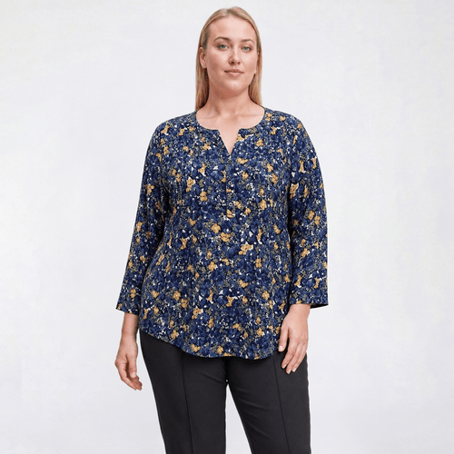 Plus Size Napa Valley 3/4 Sleeve Floral Pleat Button Front Blouse