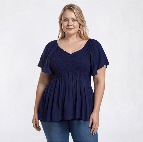 Juniors Plus Angie Solid Smock V Front Peasant Top - image 