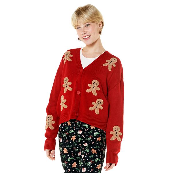 Juniors No Comment Chenille Gingerbread Man Cardigan