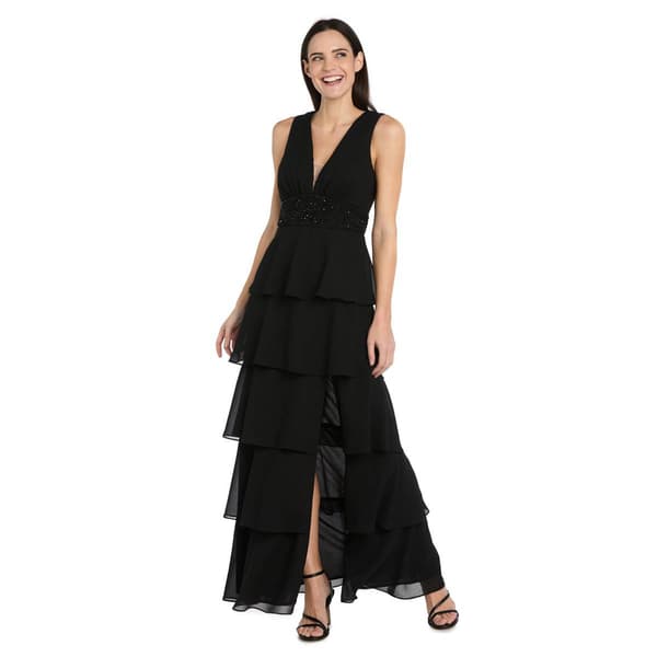 Womens R&M Richards Sleeveless Beaded Waist Tier Gown
