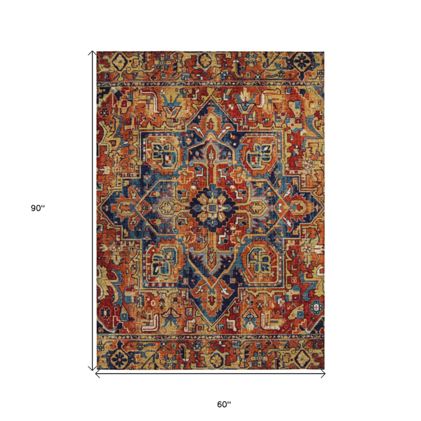 HomeRoots Red Orange & Blue Oriental Non Skid Area Rug