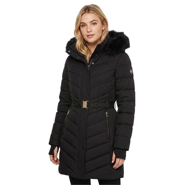 Womens Michael Kors Belted Puffer Walker Coat with Faux Fur Hood - image 