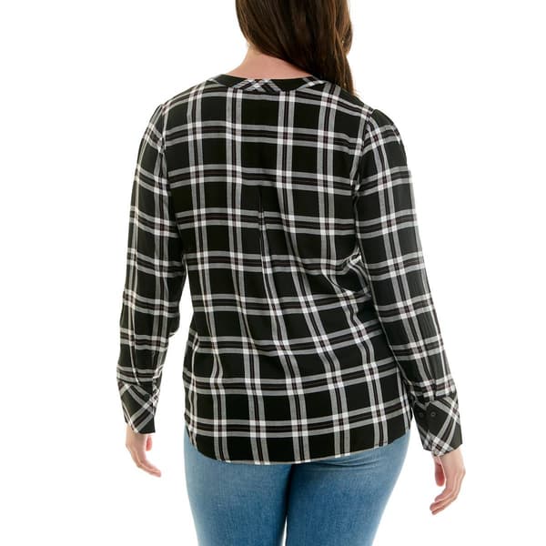 Womens Zac & Rachel Long Sleeve Split Neck Plaid Blouse