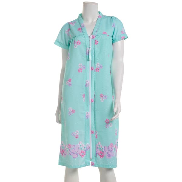 Womens Elegant Emily Short Sleeve Floral Zip Duster - Aqua