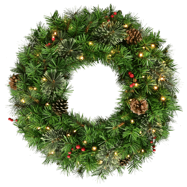 Puleo International 24in. Pre-Lit Pinecone& Berries Pine Wreath