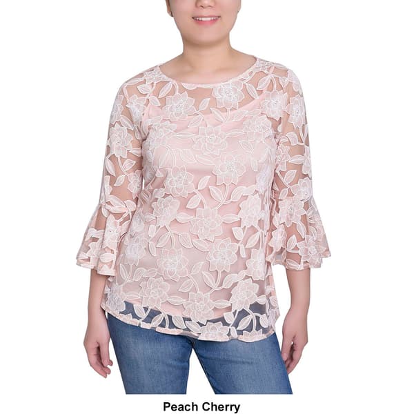 Womens NY Collection 3/4 Flare Sleeve Mesh Floral Burnout Blouse