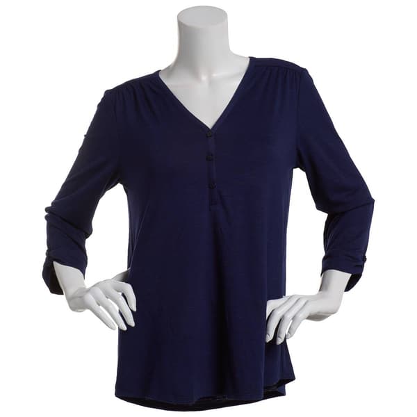 Womens Kasper Solid 3/4 Tab Sleeve V-Neck Henley Tee