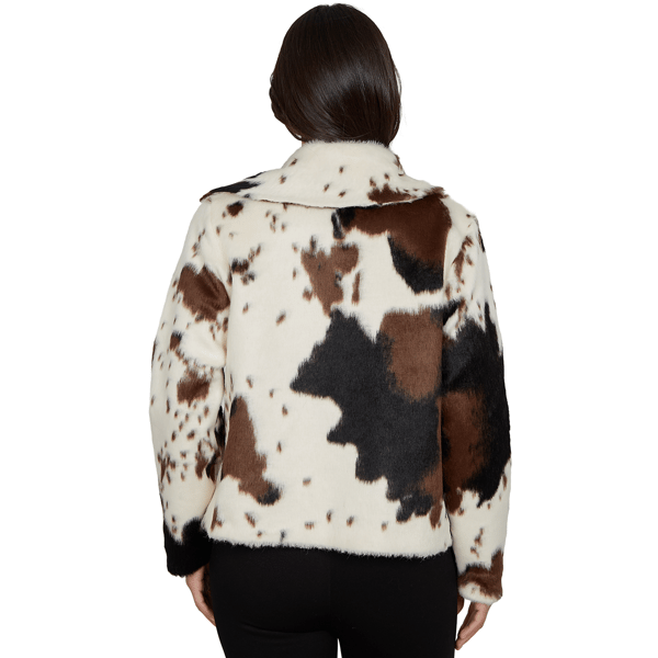 Womens Skye''s the Limit Wild Romance Cow Print Faux Fur Jacket