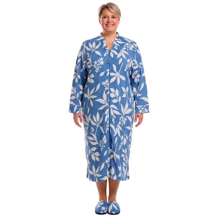 Plus Size Jasmine Rose Long Sleeve Leaves Houndstooth Zip Robe