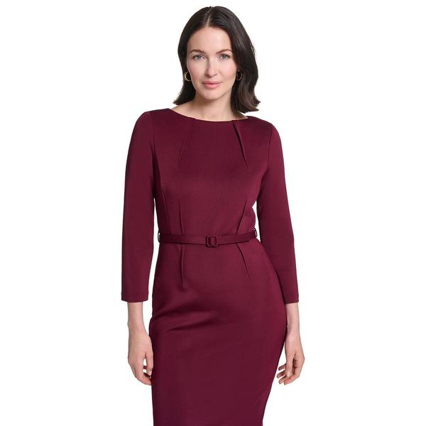 Womens Calvin Klein 3/4 Sleeve Belt Waist Crepe Sheath Dress