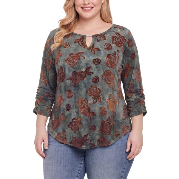 Plus Size NY Collection Bracelet Sleeve Jacquard Keyhole Top Rose - image 