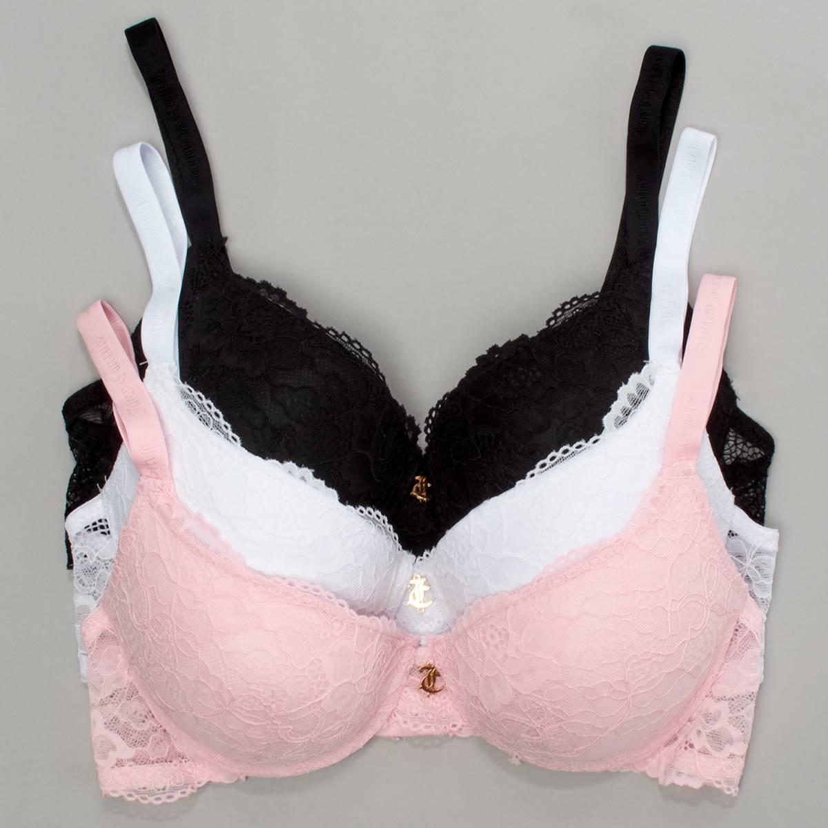 Open Video Modal for Juniors Juicy Couture 3pk. Jacquard Elastic &Logo Charm Lace Bra
