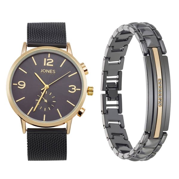 Mens Jones New York Black Dial Watch/Bracelet Set - 9780G-42-G02