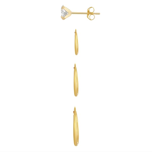 10kt. Yellow Gold Endless Hoops & Crystal Stud 4pr. Earrings Set
