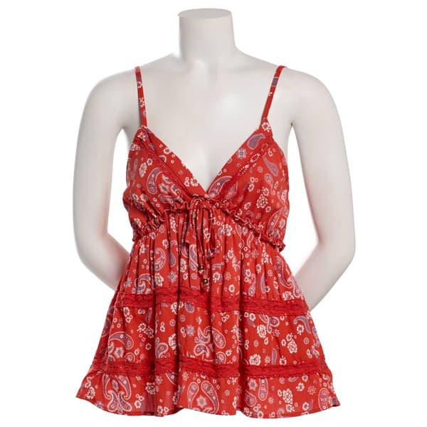 Juniors Angie Print Paisley Crochet Insert Babydoll Tank Top