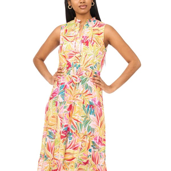 Womens MSK Sleeveless Tropical Leaf Tie Neck Tiered Midi Dress