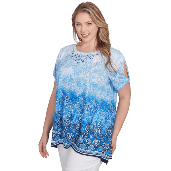 Plus Size Ruby Rd. Tinted Tides Crystal Ombre Cold Shoulder Tee