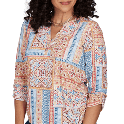 Womens Alfred Dunner Tuscany 3/4 Sleeve Patchwork Henley Blouse