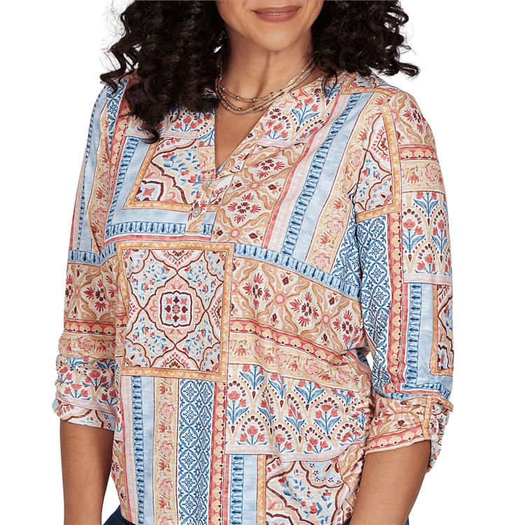 Womens Alfred Dunner Tuscany 3/4 Sleeve Patchwork Henley Blouse