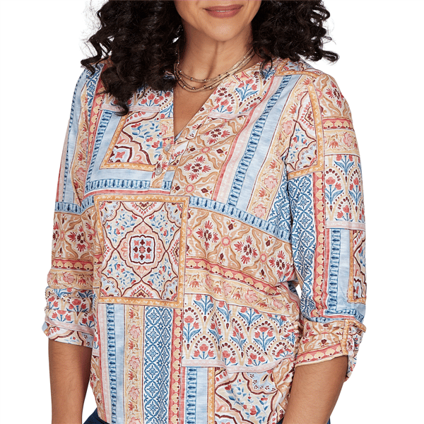 Womens Alfred Dunner Tuscany 3/4 Sleeve Patchwork Henley Blouse