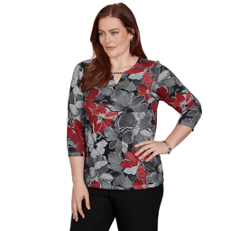 Womens Alfred Dunner Classics 3/4 Sleeve Keyhole Floral Blouse