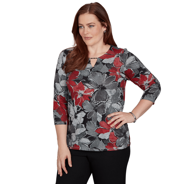 Womens Alfred Dunner Classics 3/4 Sleeve Keyhole Floral Blouse