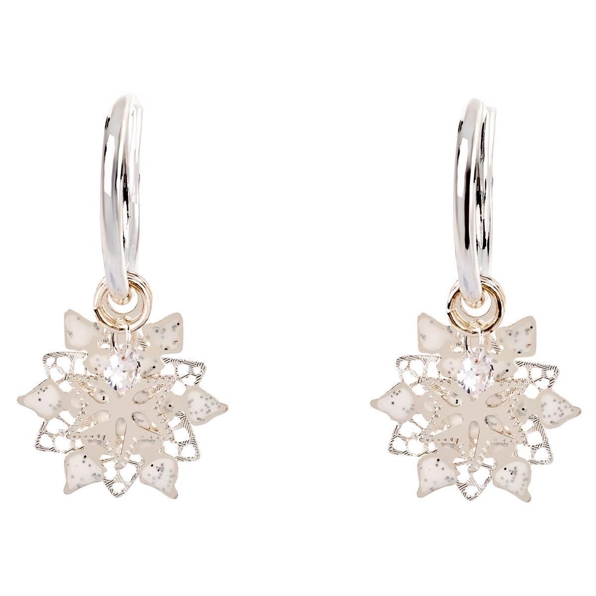 Silver Snowflake Hoop Earrings with CZ Accents