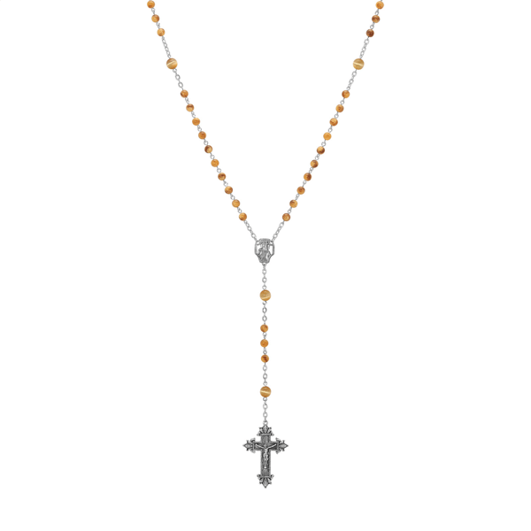 Symbols of Faith Silver-Tone Beaded Crucifix Rosary - Brown - image 